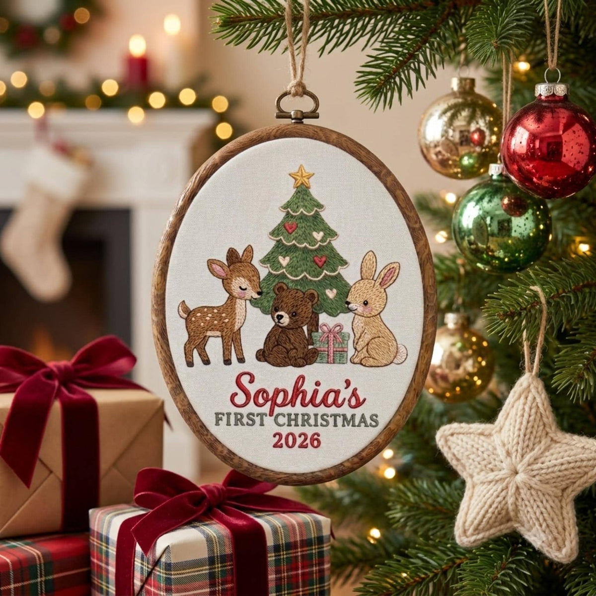 Custom Name Christmas Ornament, Baby Girl 1st Xmas Gift 2026, Embroidered Woodland Friends Hoop Decor, Forest Animals Keepsake Tree Hanging