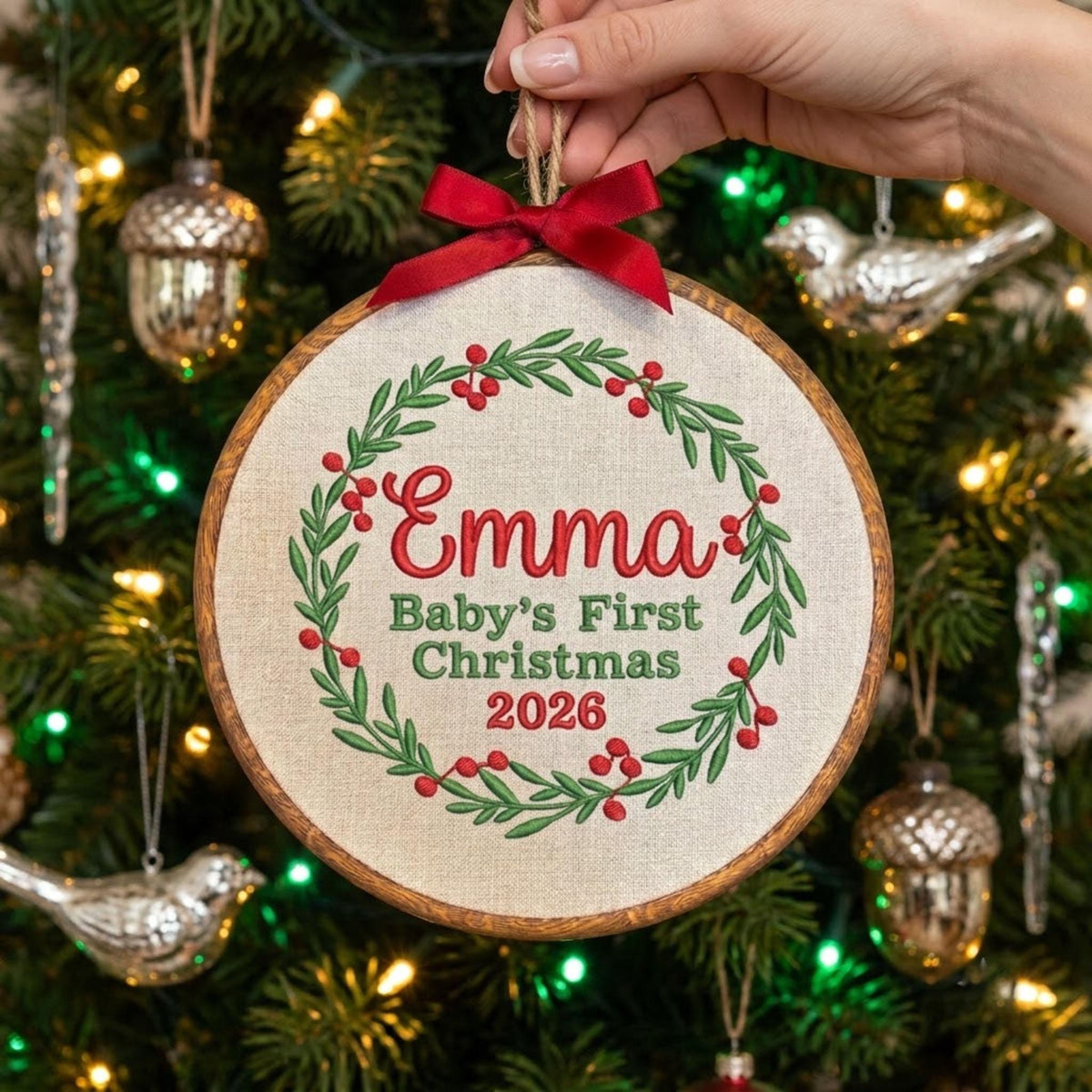 Custom Name Christmas Ornament, Baby 1st Xmas Gift 2026, Embroidered Botanical Wreath Hoop, Oval Wood Frame Keepsake Hanging Tree Decor