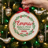 Custom Name Christmas Ornament, Baby 1st Xmas Gift 2026, Embroidered Botanical Wreath Hoop, Oval Wood Frame Keepsake Hanging Tree Decor