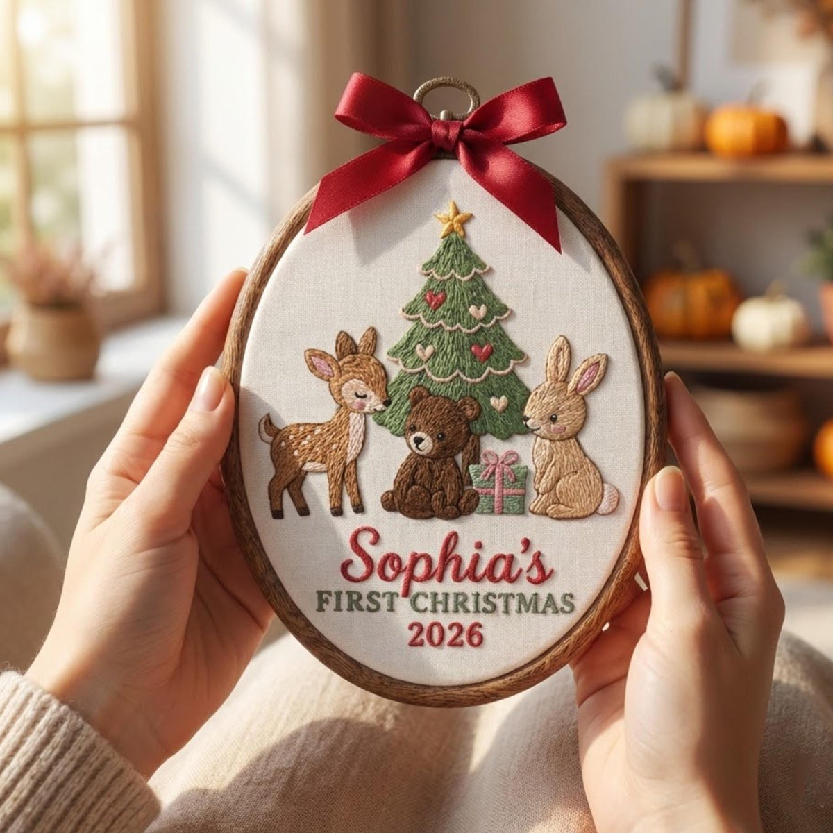 Custom Name Christmas Ornament, Baby Girl 1st Xmas Gift 2026, Embroidered Woodland Friends Hoop Decor, Forest Animals Keepsake Tree Hanging