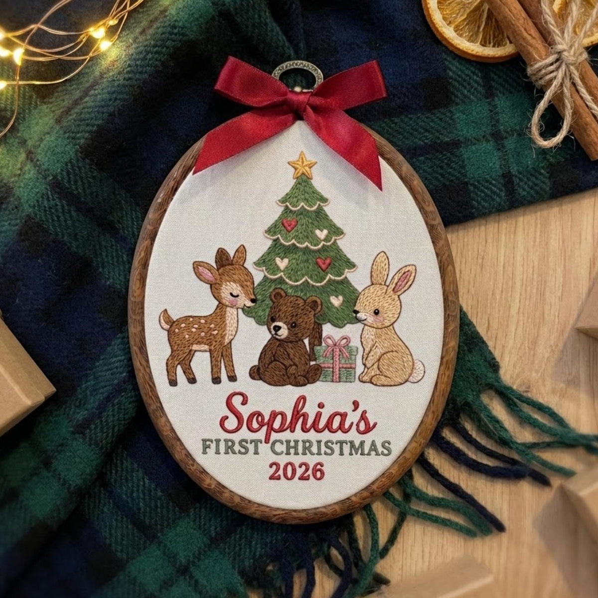 Custom Name Christmas Ornament, Baby Girl 1st Xmas Gift 2026, Embroidered Woodland Friends Hoop Decor, Forest Animals Keepsake Tree Hanging