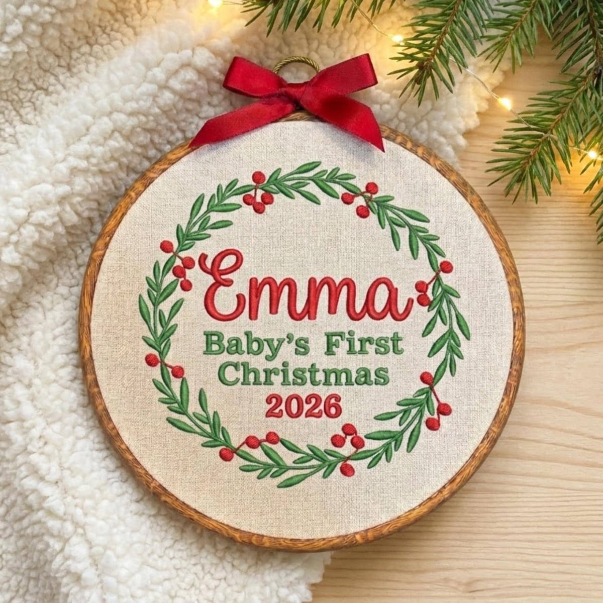 Custom Name Christmas Ornament, Baby 1st Xmas Gift 2026, Embroidered Botanical Wreath Hoop, Oval Wood Frame Keepsake Hanging Tree Decor