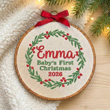 Custom Name Christmas Ornament, Baby 1st Xmas Gift 2026, Embroidered Botanical Wreath Hoop, Oval Wood Frame Keepsake Hanging Tree Decor