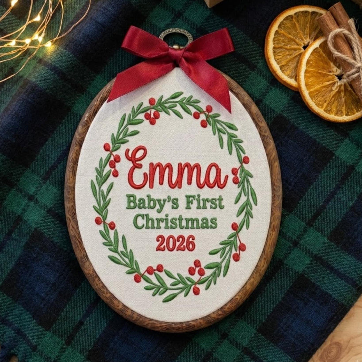 Custom Name Christmas Ornament, Baby 1st Xmas Gift 2026, Embroidered Botanical Wreath Hoop, Oval Wood Frame Keepsake Hanging Tree Decor