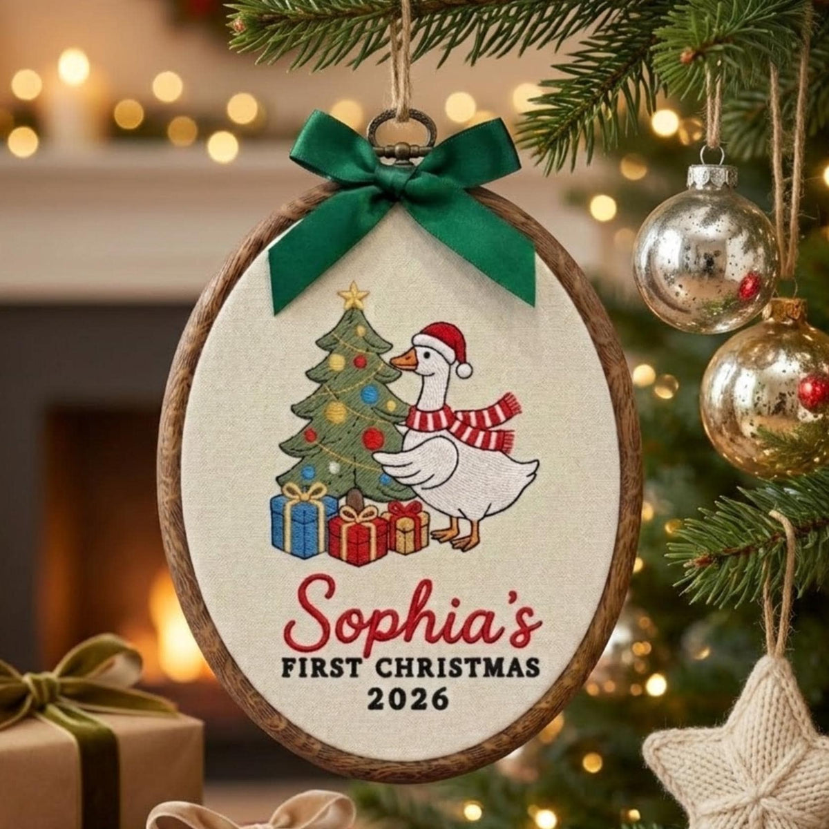 Custom Name Christmas Ornament, Baby Girl 1st Xmas Gift 2026, Embroidered Goose Tree Hoop Decor, Oval Wood Frame Keepsake Hanging Ornament