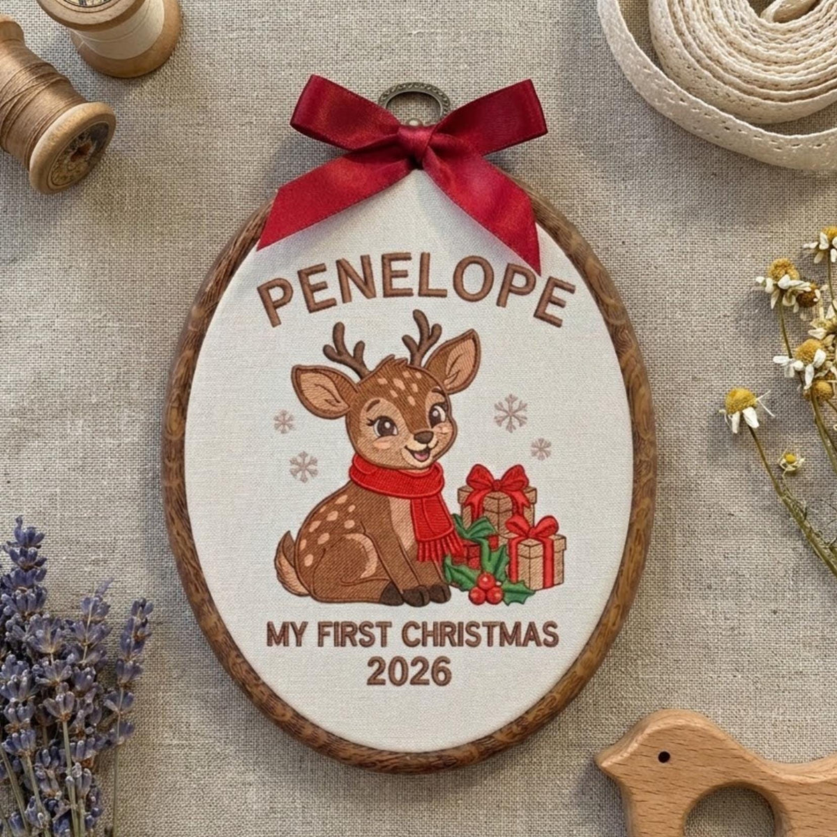 Baby First Christmas Ornament 2026, Cute Deer Fawn Embroidered Hoop, Blue Gingham Keepsake, Newborn Woodland Xmas Decor