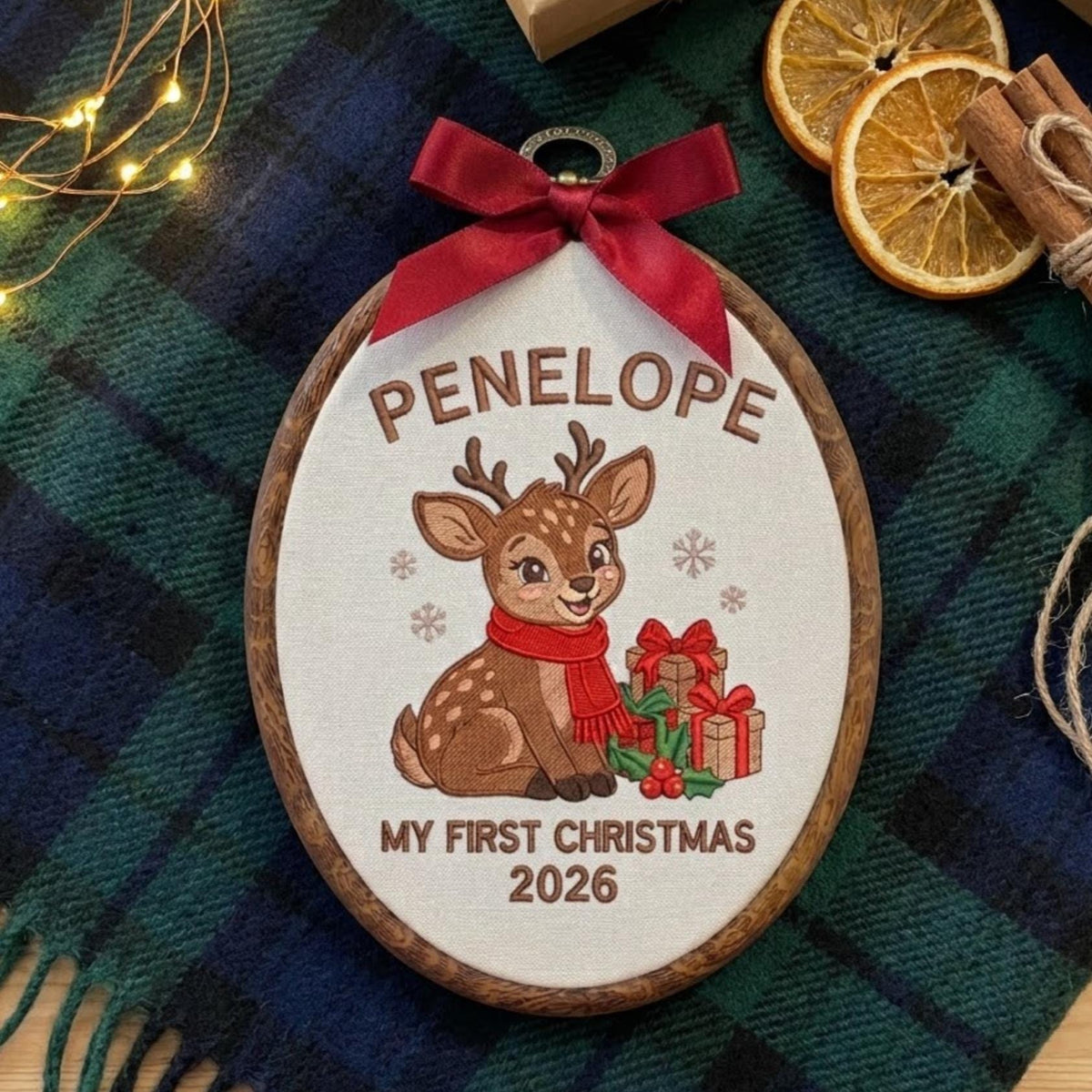 Baby First Christmas Ornament 2026, Cute Deer Fawn Embroidered Hoop, Blue Gingham Keepsake, Newborn Woodland Xmas Decor