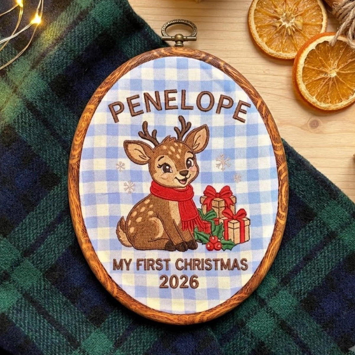Baby First Christmas Ornament 2026, Cute Deer Fawn Embroidered Hoop, Blue Gingham Keepsake, Newborn Woodland Xmas Decor