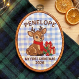 Baby First Christmas Ornament 2026, Cute Deer Fawn Embroidered Hoop, Blue Gingham Keepsake, Newborn Woodland Xmas Decor