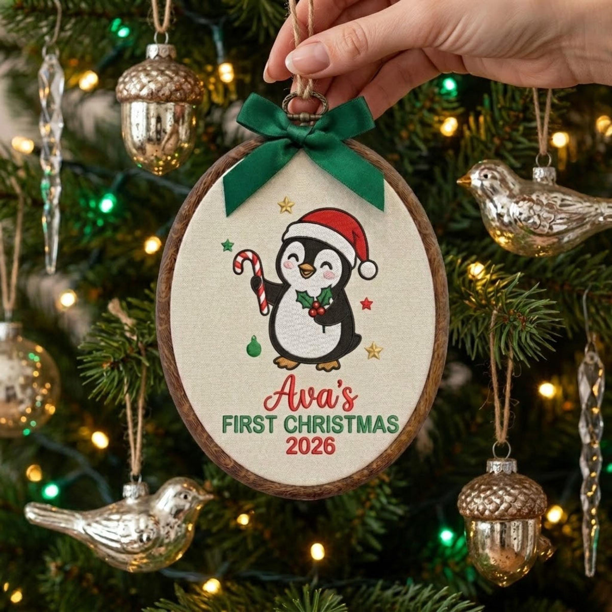 Personalized Baby Girl 1st Christmas Ornament 2026 - Embroidered Penguin Candy Cane Hoop
