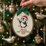 Personalized Baby Girl 1st Christmas Ornament 2026 - Embroidered Penguin Candy Cane Hoop