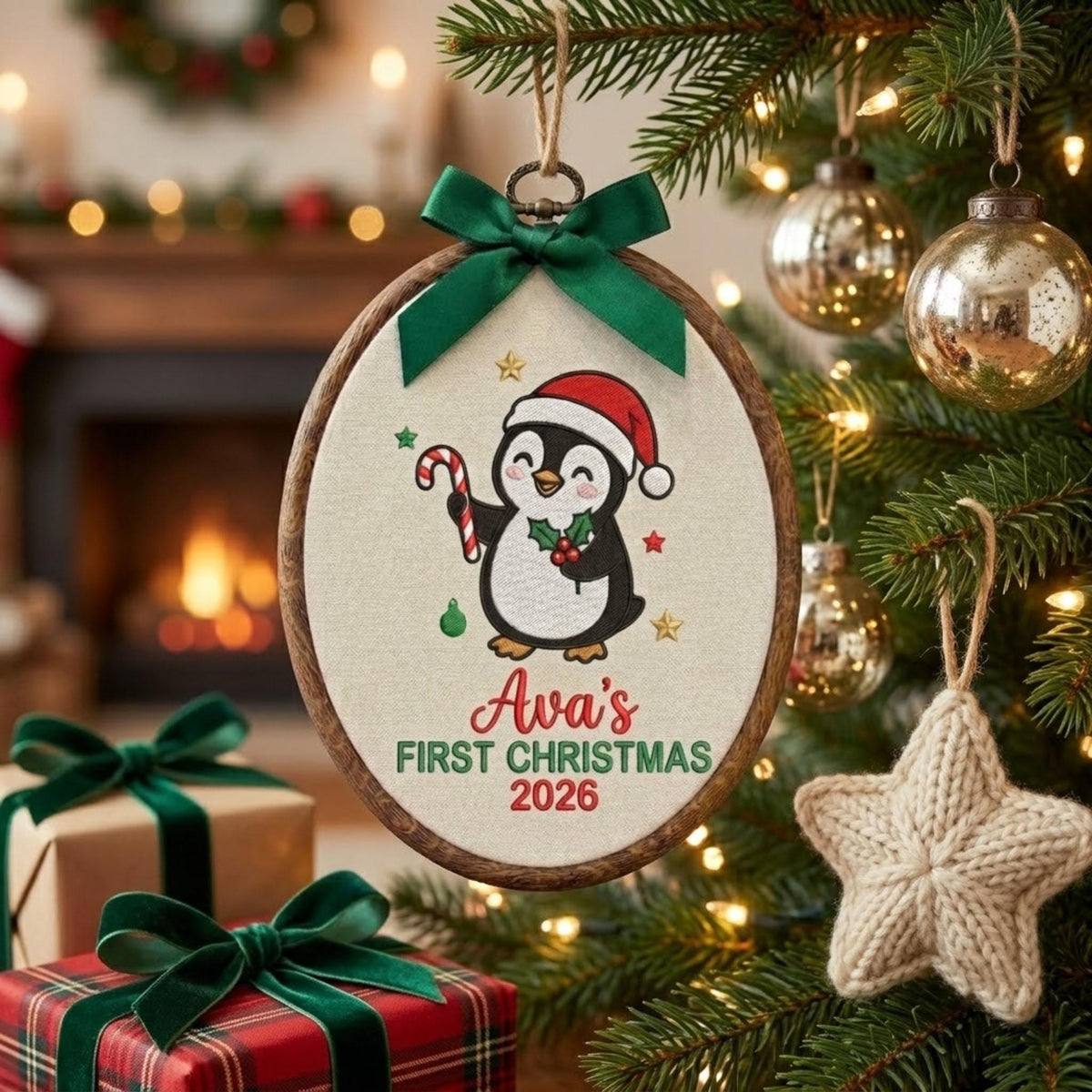 Personalized Baby Girl 1st Christmas Ornament 2026 - Embroidered Penguin Candy Cane Hoop
