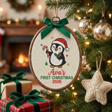 Personalized Baby Girl 1st Christmas Ornament 2026 - Embroidered Penguin Candy Cane Hoop