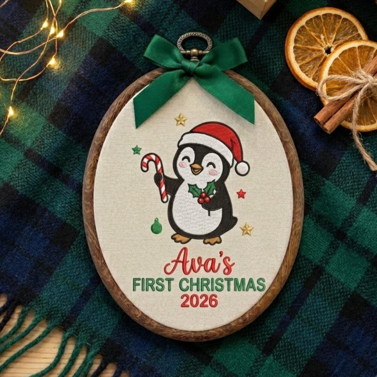 Personalized Baby Girl 1st Christmas Ornament 2026 - Embroidered Penguin Candy Cane Hoop