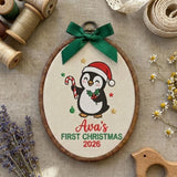Personalized Baby Girl 1st Christmas Ornament 2026 - Embroidered Penguin Candy Cane Hoop