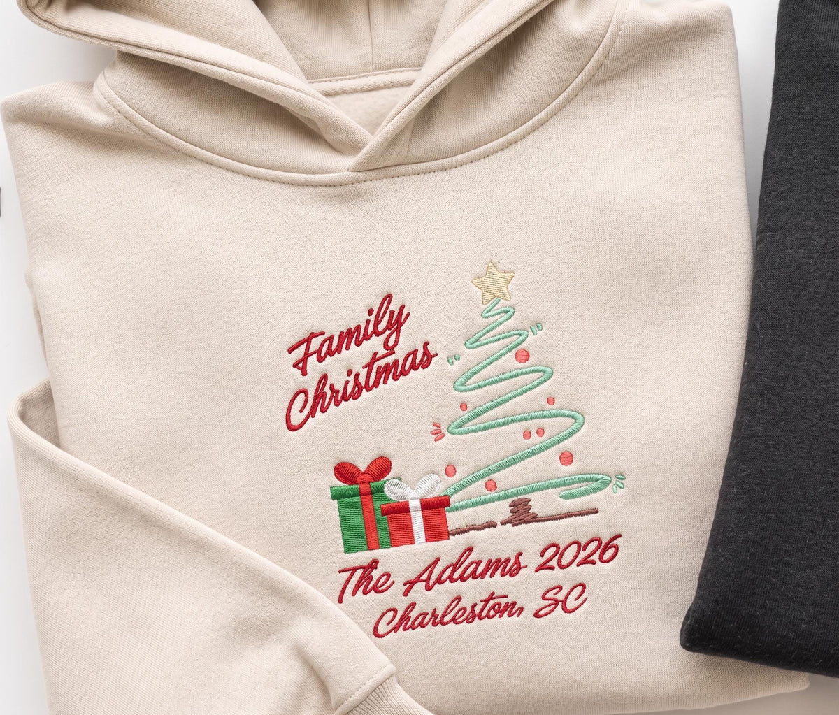 Custom Embroidered Christmas Tree Family Hoodie, Personalized Name & Year Matching Holiday Gift