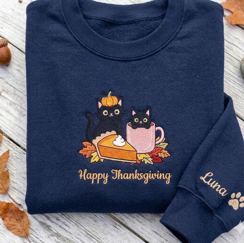 Custom Embroidered Thanksgiving Black Cats Sweatshirt, Pumpkin Pie Fall Cat Mom Crewneck