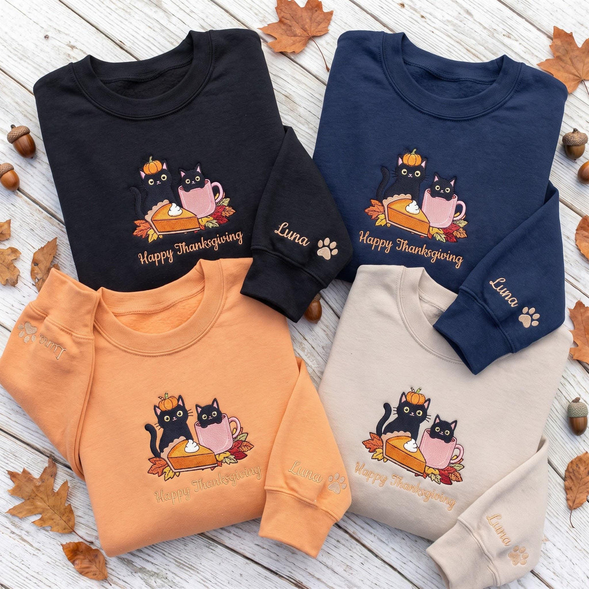 Custom Embroidered Thanksgiving Black Cats Sweatshirt, Pumpkin Pie Fall Cat Mom Crewneck