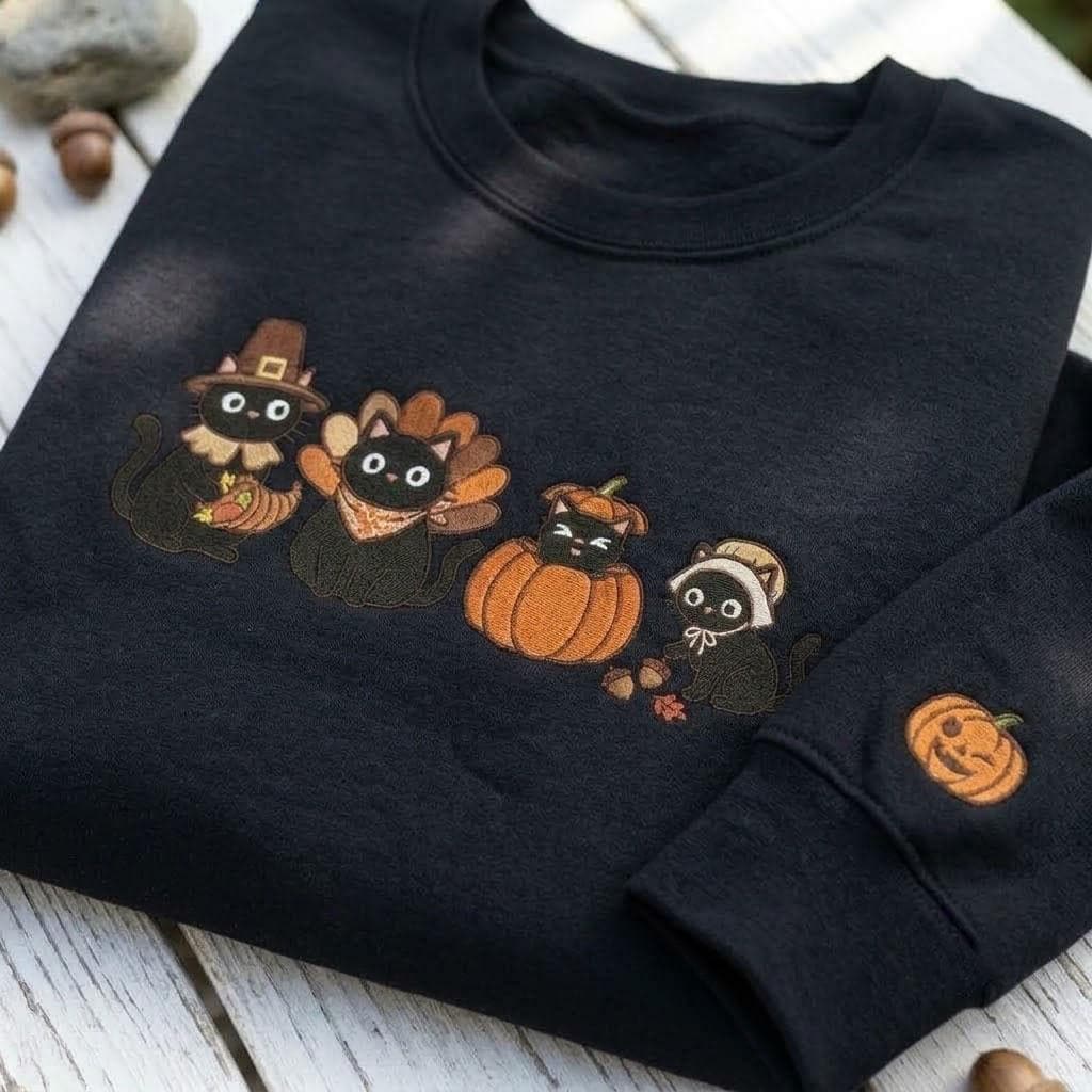 Embroidered Thanksgiving Black Cats Sweatshirt, Pilgrim Turkey Fall Cat Mom Crewneck