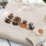 Embroidered Thanksgiving Black Cats Sweatshirt, Pilgrim Turkey Fall Cat Mom Crewneck