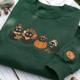 Embroidered Thanksgiving Black Cats Sweatshirt, Pilgrim Turkey Fall Cat Mom Crewneck