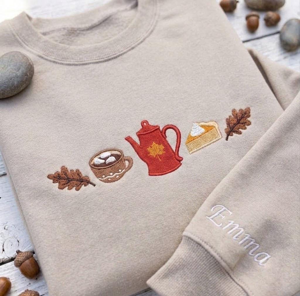 Custom Embroidered Fall Coffee Sweatshirt, Personalized Sleeve Pumpkin Pie Crewneck