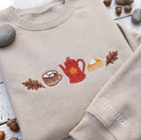 Custom Embroidered Fall Coffee Sweatshirt, Personalized Sleeve Pumpkin Pie Crewneck