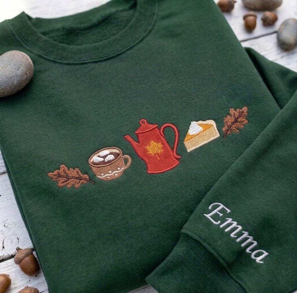 Custom Embroidered Fall Coffee Sweatshirt, Personalized Sleeve Pumpkin Pie Crewneck