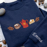 Custom Embroidered Fall Coffee Sweatshirt, Personalized Sleeve Pumpkin Pie Crewneck