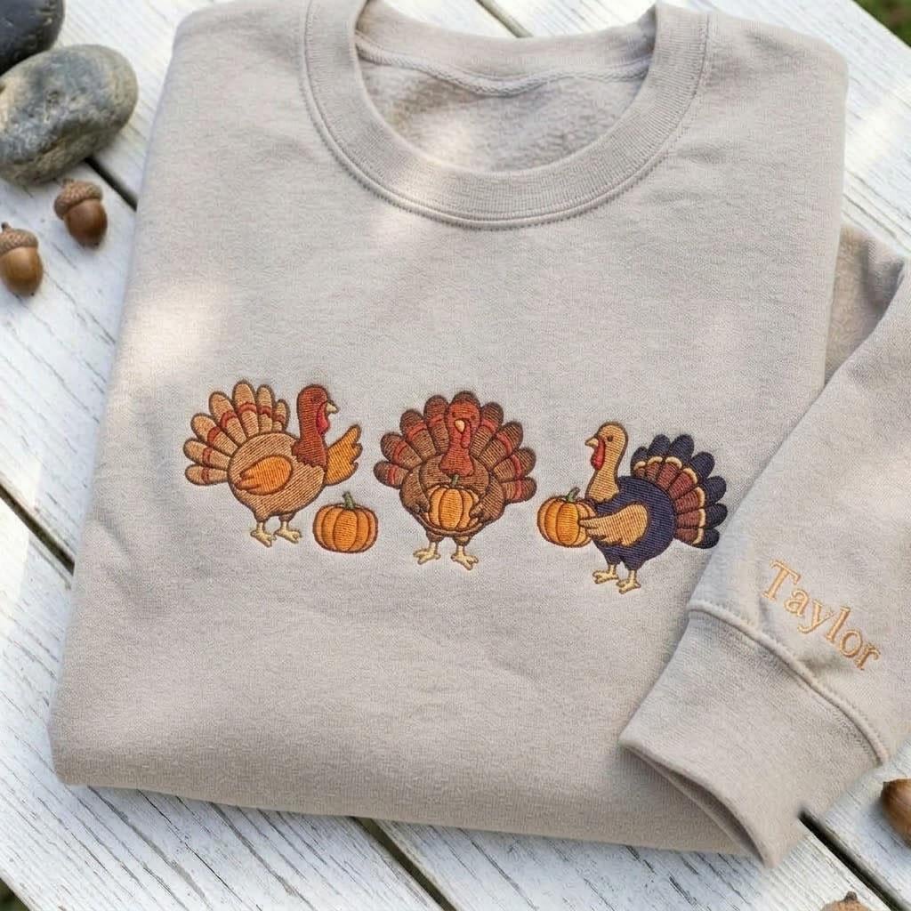 Custom Embroidered Thanksgiving Turkey Sweatshirt, Personalized Sleeve Name Fall Crewneck