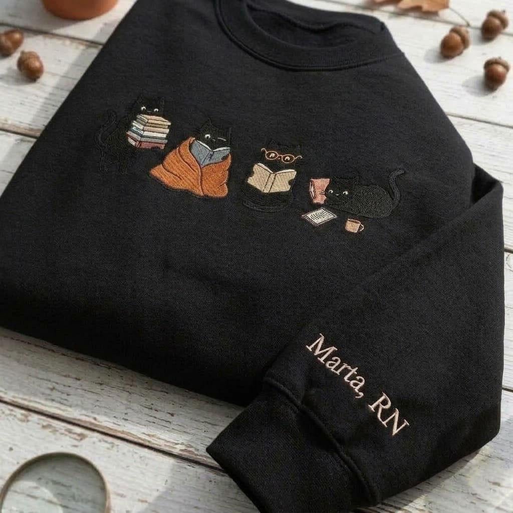 Custom Embroidered Reading Cats Sweatshirt, Personalized Sleeve Name Bookish Crewneck