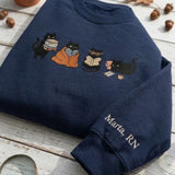 Custom Embroidered Reading Cats Sweatshirt, Personalized Sleeve Name Bookish Crewneck