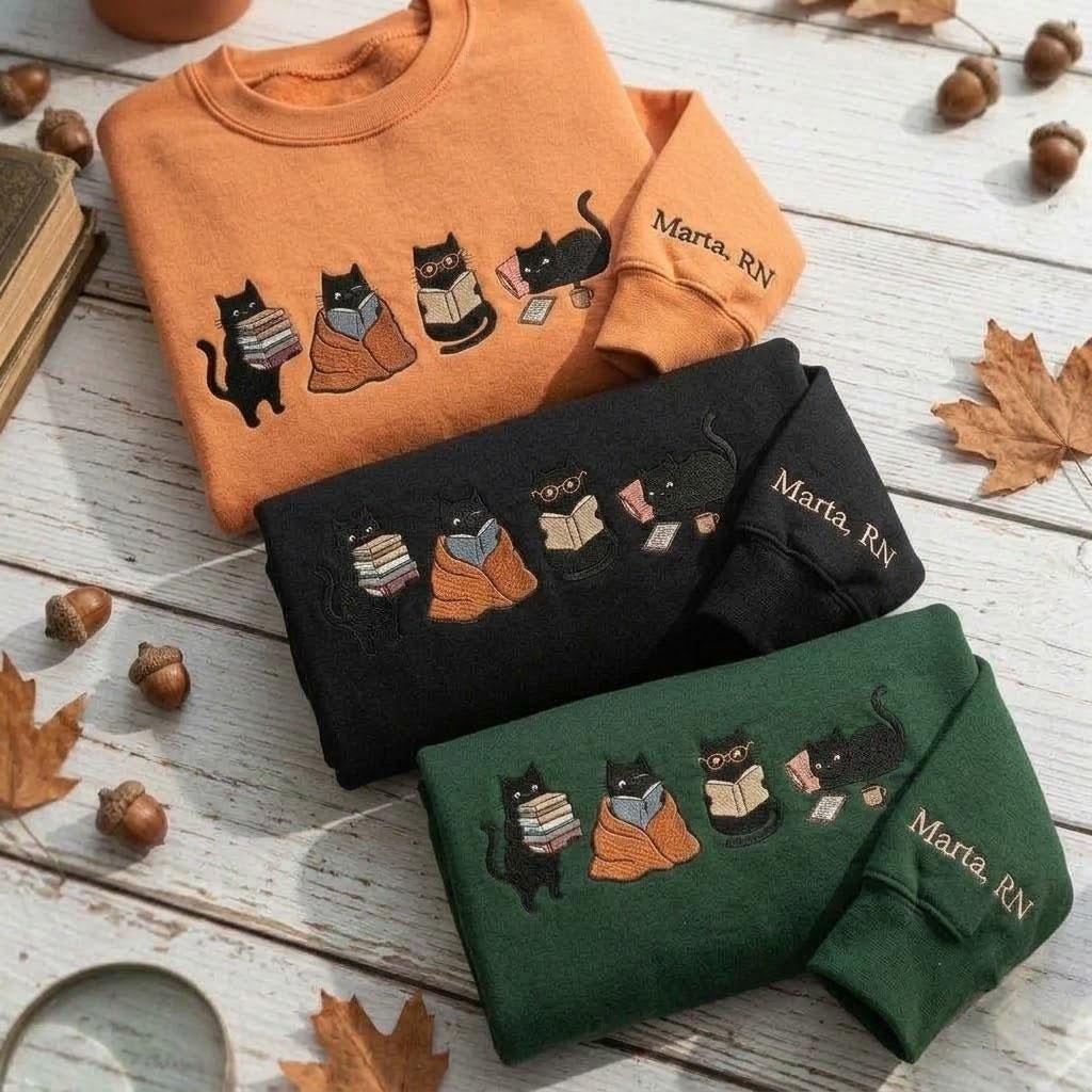 Custom Embroidered Reading Cats Sweatshirt, Personalized Sleeve Name Bookish Crewneck