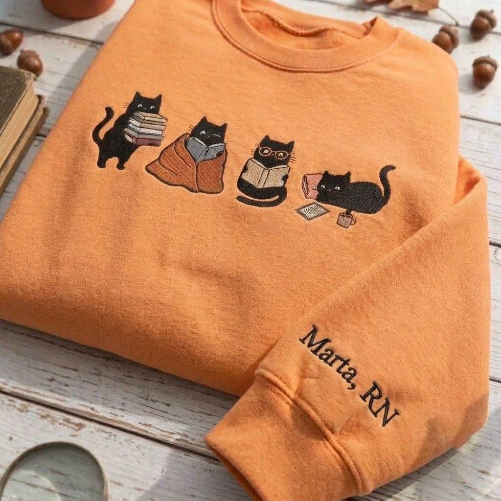 Custom Embroidered Reading Cats Sweatshirt, Personalized Sleeve Name Bookish Crewneck