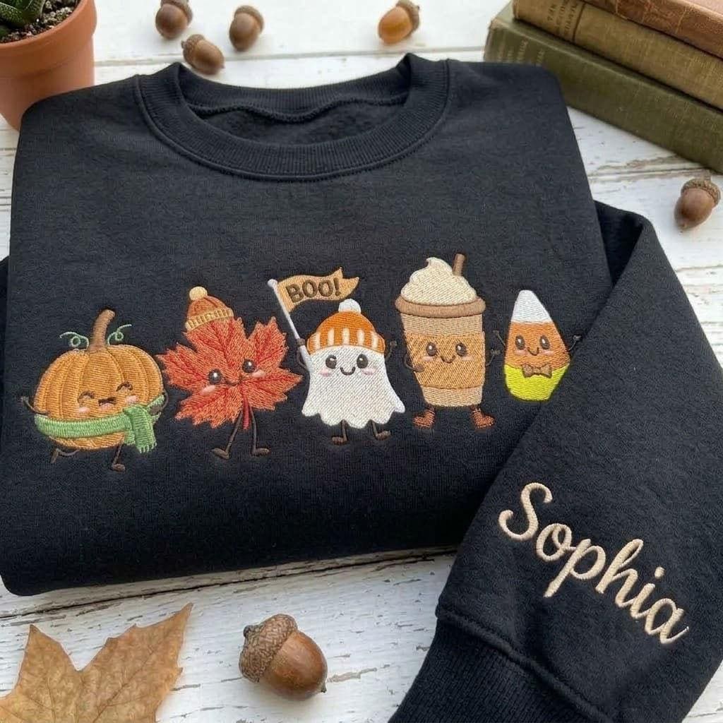 Custom Embroidered Fall Friends Sweatshirt, Personalized Sleeve Name Ghost Latte Crewneck