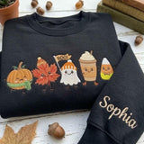 Custom Embroidered Fall Friends Sweatshirt, Personalized Sleeve Name Ghost Latte Crewneck