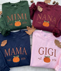 Custom Embroidered Fall Pumpkin Mama Sweatshirt, Personalized Nana Gigi Est Crewneck
