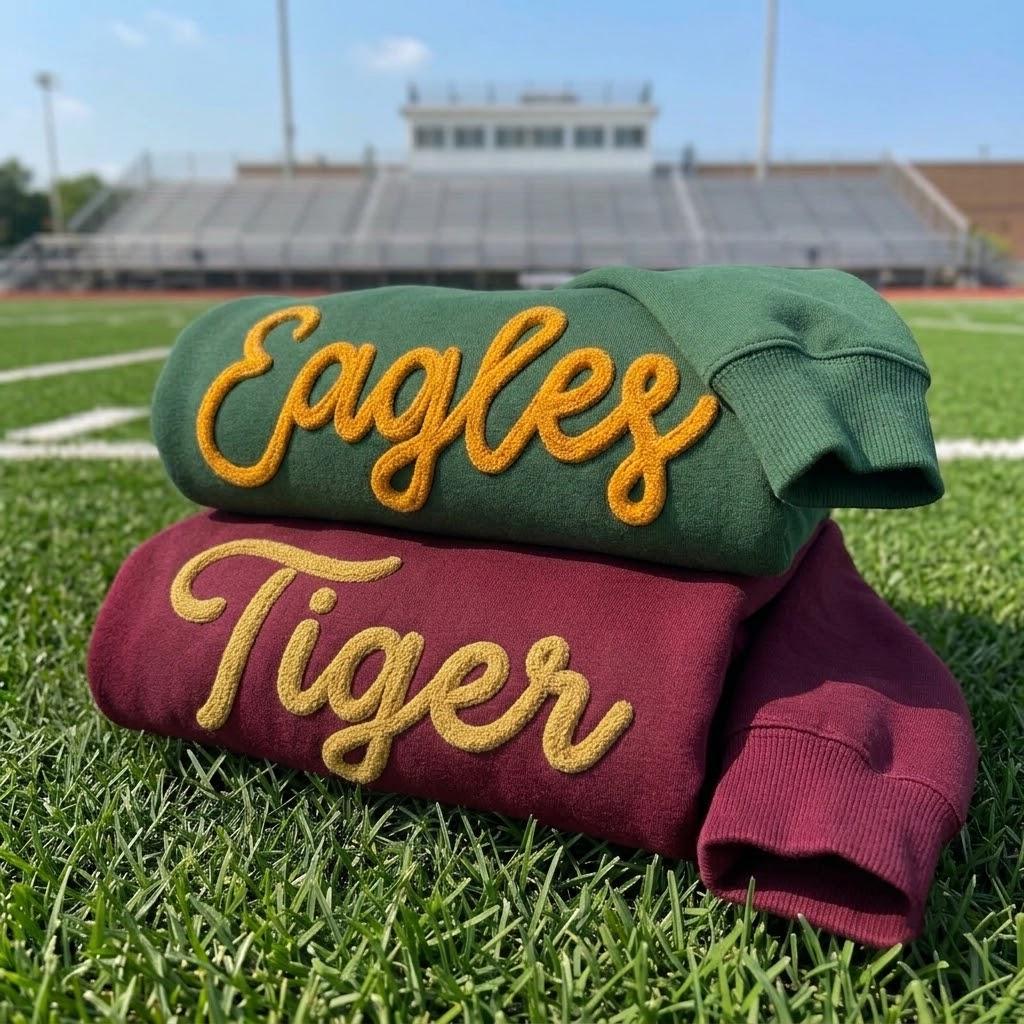 Custom Yarn Team Mascot Embroidered Sweatshirt, Chenille Letter Game Day Crewneck