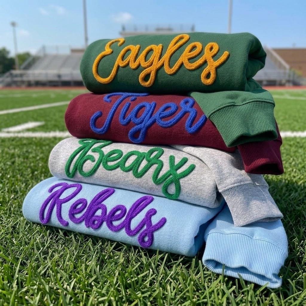 Custom Yarn Team Mascot Embroidered Sweatshirt, Chenille Letter Game Day Crewneck