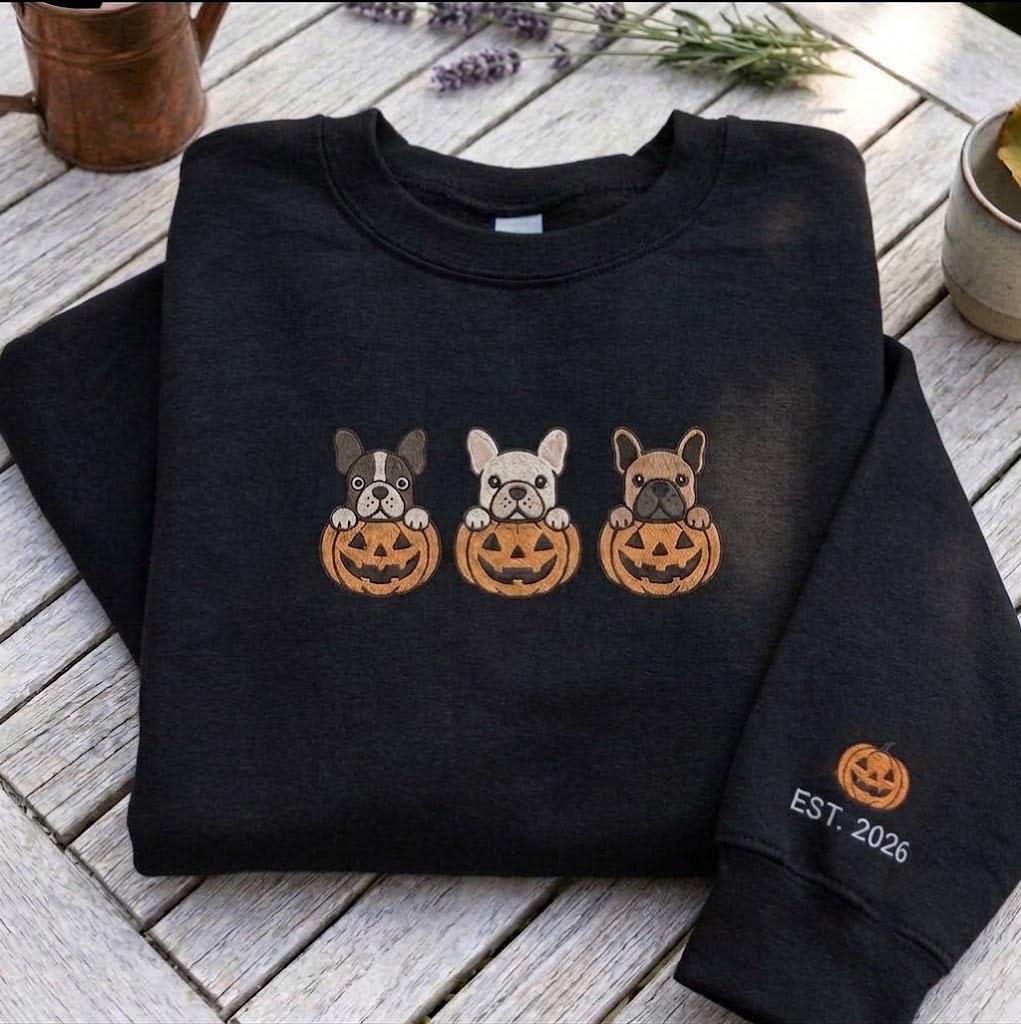 Custom Embroidered French Bulldog Sweatshirt, Pumpkin Halloween Dog Mom Crewneck