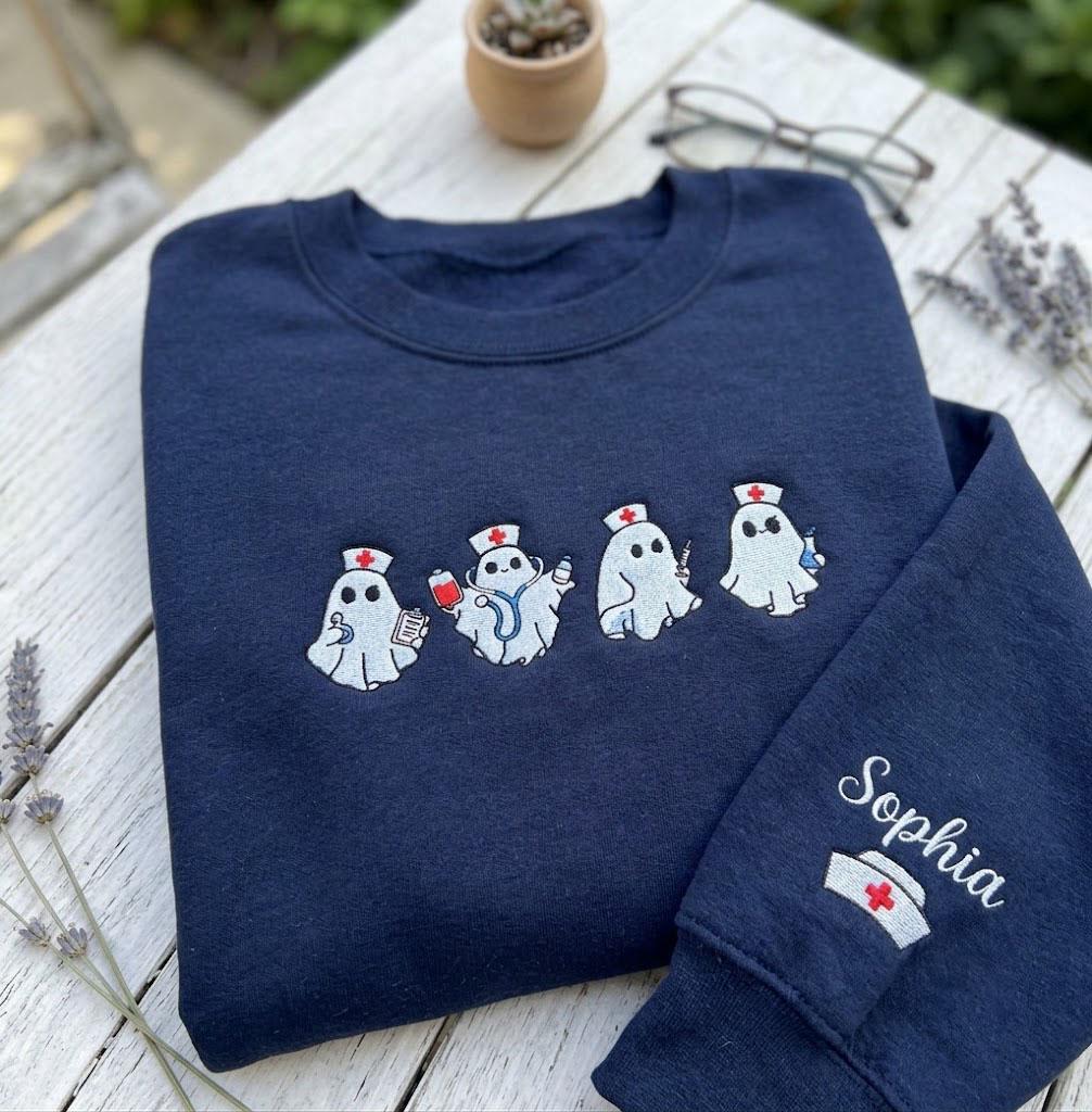 Custom Embroidered Nurse Ghost Sweatshirt, Spooky RN Halloween Crewneck Gift