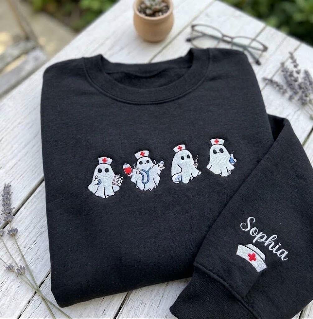 Custom Embroidered Nurse Ghost Sweatshirt, Spooky RN Halloween Crewneck Gift