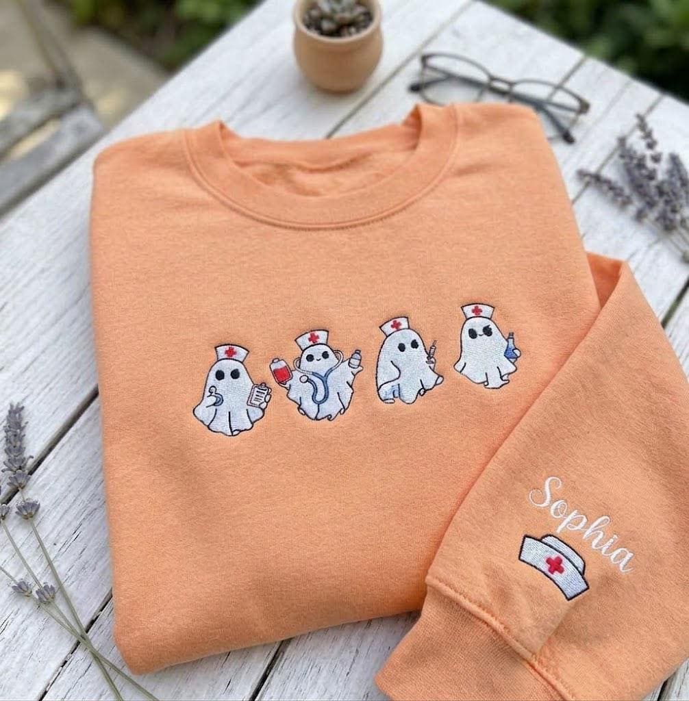 Custom Embroidered Nurse Ghost Sweatshirt, Spooky RN Halloween Crewneck Gift