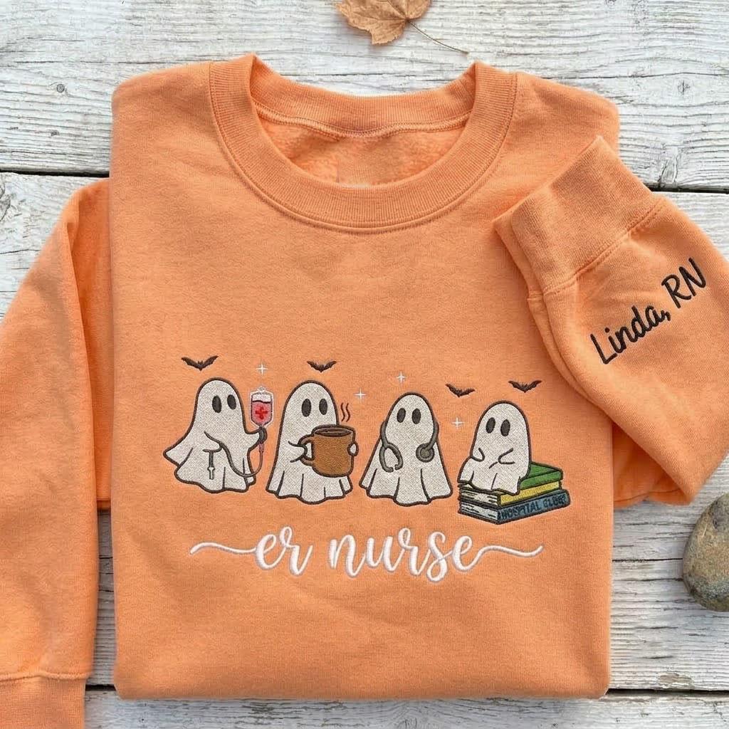 Custom Embroidered ER Nurse Ghost Sweatshirt, Spooky Emergency Room Crewneck Gift