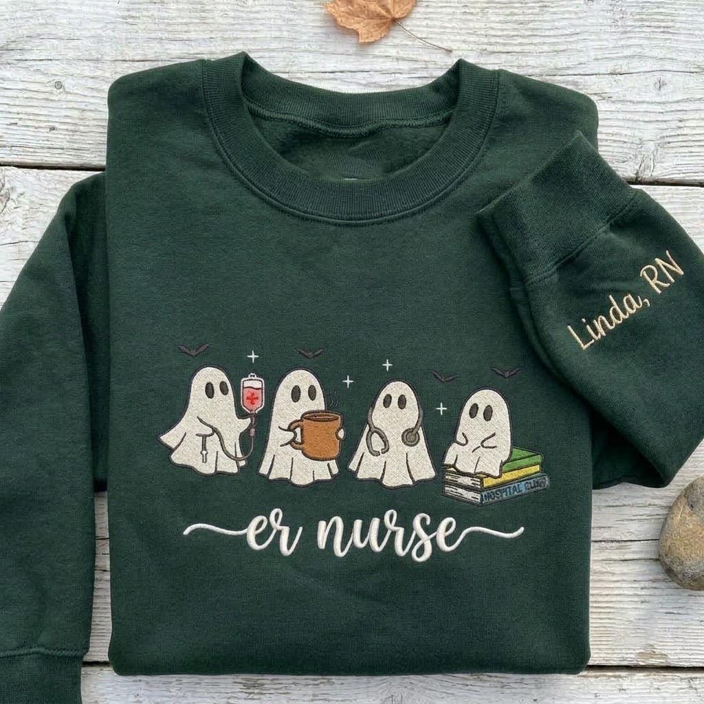 Custom Embroidered ER Nurse Ghost Sweatshirt, Spooky Emergency Room Crewneck Gift