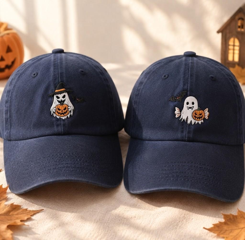 Ghost Pumpkin Halloween Embroidered Hat, Cute Spooky Baseball Cap, Fall Party Gift