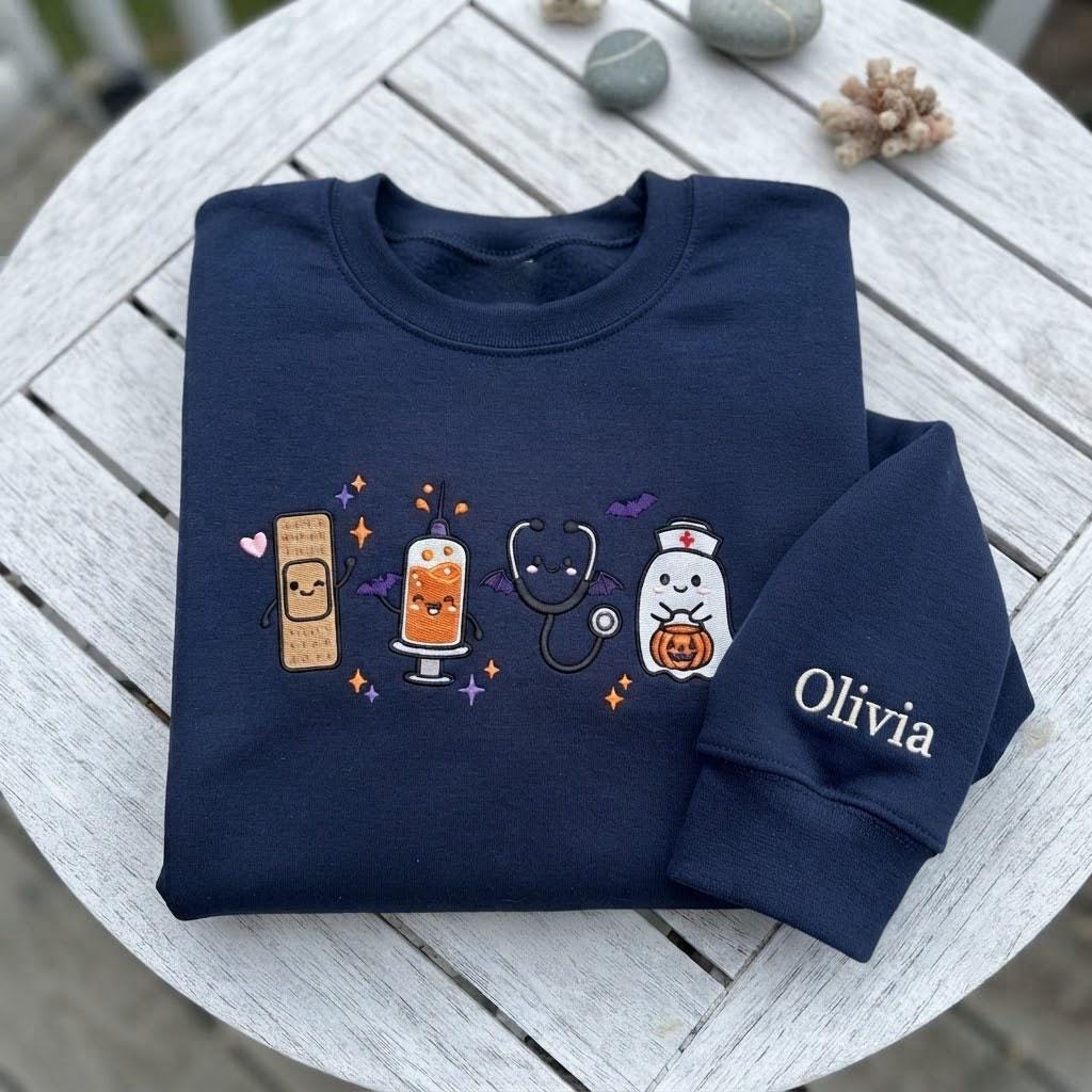 Custom Embroidered Spooky Nurse Sweatshirt, Cute Medical Tools Halloween Crewneck