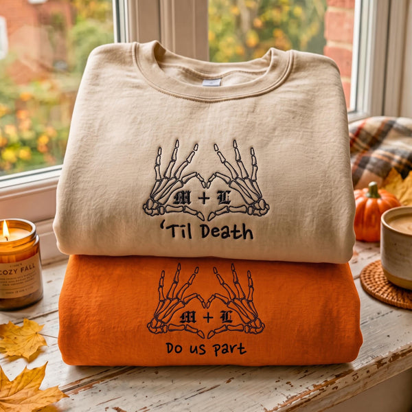 Embroidered Til Death Do Us Part Sweatshirt, Custom Initial Skeleton Heart Couple Sweater, Matching Halloween Hoodie, Name On Sleeve