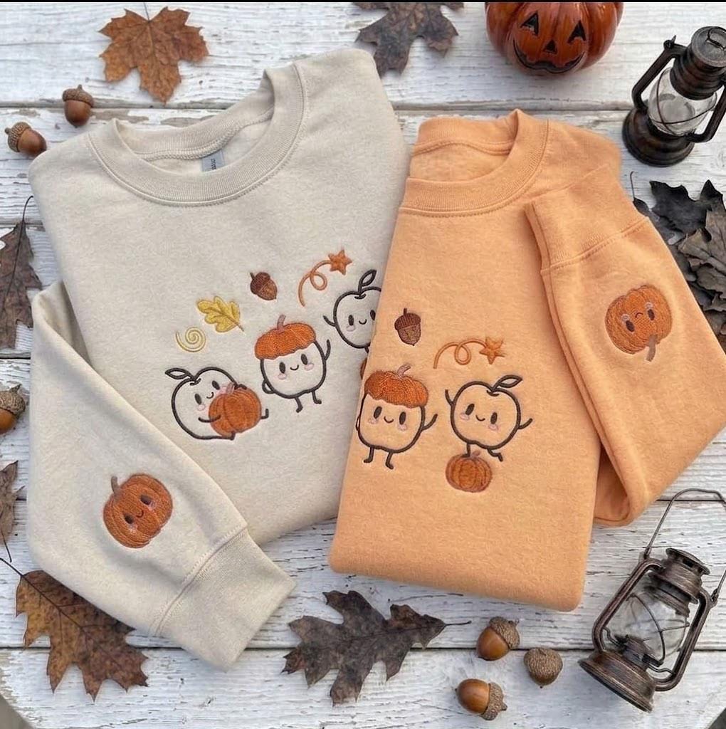 Custom Embroidered Fall Sprites Sweatshirt, Pumpkins Autumn Acorn Sleeve Crewneck