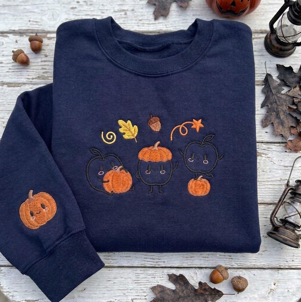 Custom Embroidered Fall Sprites Sweatshirt, Pumpkins Autumn Acorn Sleeve Crewneck
